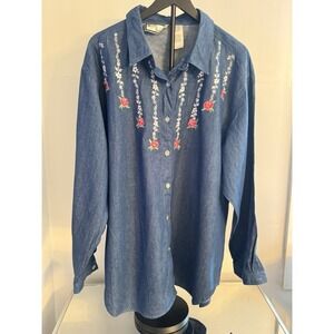Richard Simmons 3X Denim Shirt Floral Embroidered Roses Chambray Button READ